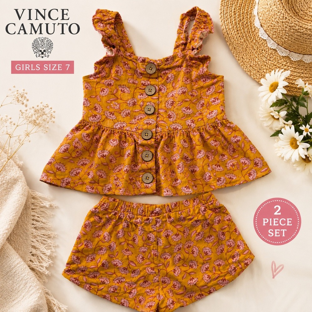 Vince Camuto Girls 2PC Floral Linen Blend Set Ruffle‎ Tank Shorts Boho 7 Cottage